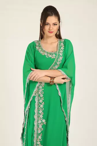 Parrot green designer islamic hand beaded takchita kaftan