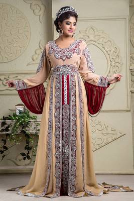 Beautiful arabic muslin wedding cream and maroon bridal kaftan 1