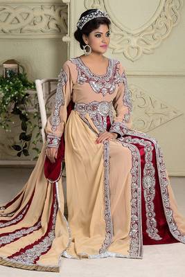 Beautiful arabic muslin wedding cream and maroon bridal kaftan 2