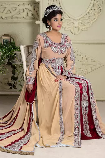Beautiful arabic muslin wedding cream and maroon bridal kaftan