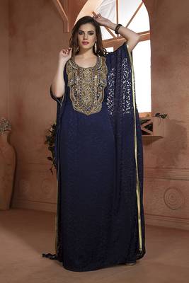 Dark blue modern kaftan dress hand beaded 1