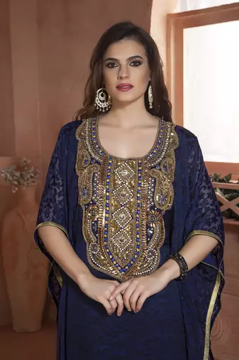 Dark blue modern kaftan dress hand beaded