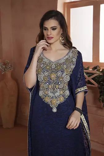 Dark blue net brasso handmade arabian design kaftan