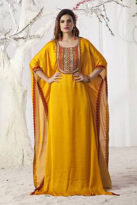 Hand beaded party wear golden yellow kaftan dress 1