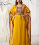 Hand beaded party wear golden yellow kaftan dress