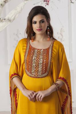 Hand beaded party wear golden yellow kaftan dress 2