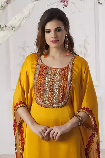 Hand beaded party wear golden yellow kaftan dress