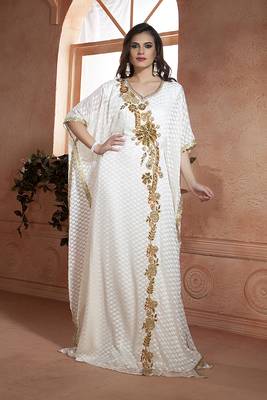 Grand Off-White Handmade Kaftan Dress with Gold Zari Work | Free Size Formal Wear 1