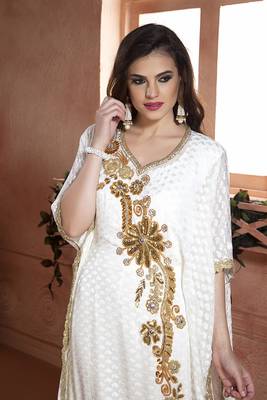 Grand Off-White Handmade Kaftan Dress with Gold Zari Work | Free Size Formal Wear 2