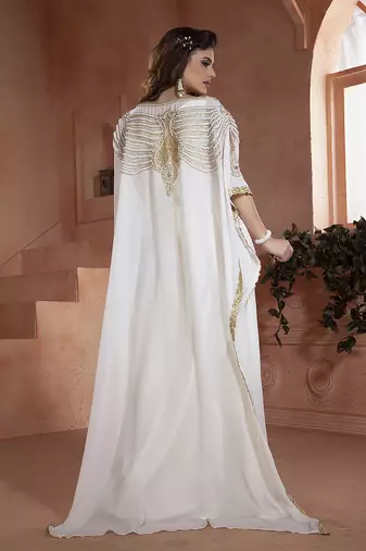 White georgette hand beaded designer kaftan