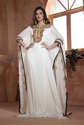 Off white wood work hand beaded partywear dubai kaftan 1