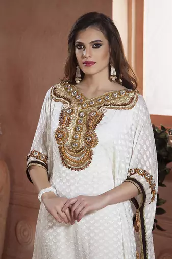 Off white wood work hand beaded partywear dubai kaftan