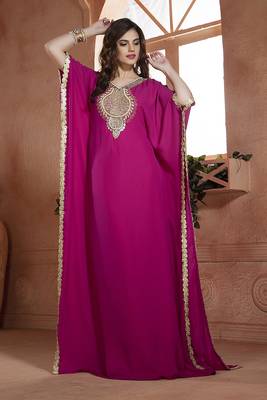 Hand beaded georgette fuchia free size kaftan saudi arabic style 1