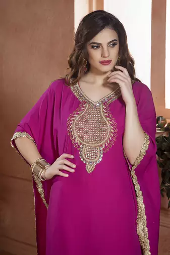 Hand beaded georgette fuchia free size kaftan saudi arabic style
