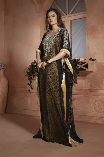 Yellow and black net brasso handmade design farasha evening party dresses kaftan