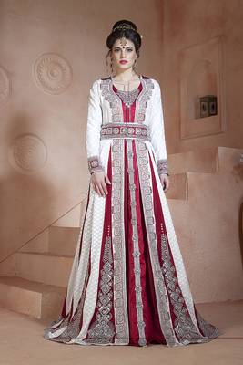 Off white and maroon embroidered & handmade moroccan wedding long sleeve dress kaftan 1