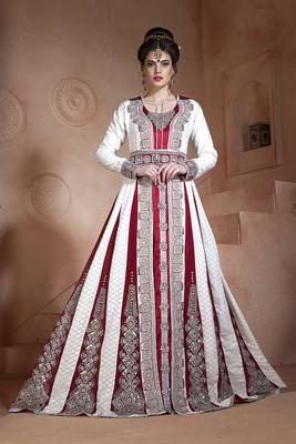 Off white and maroon embroidered & handmade moroccan wedding long sleeve dress kaftan 2