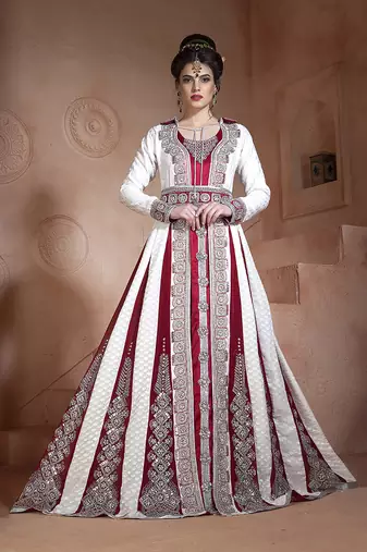 Off white and maroon embroidered & handmade moroccan wedding long sleeve dress kaftan