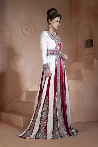 Off white and maroon embroidered & handmade moroccan wedding long sleeve dress kaftan