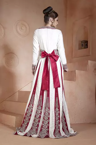 Off white and maroon embroidered & handmade moroccan wedding long sleeve dress kaftan
