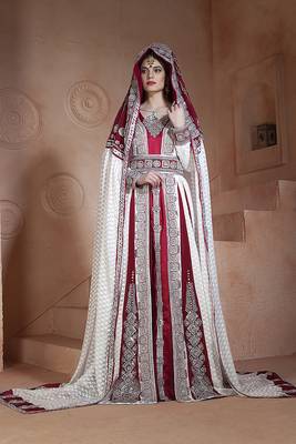 White and Maroon Georgette Moroccan Wedding Kaftan 1