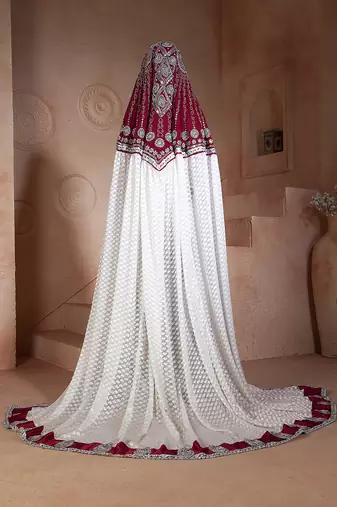 White and Maroon Georgette Moroccan Wedding Kaftan