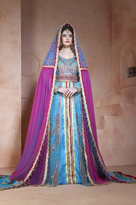 Firozi and dark pink designer handmade arabic moroccan muslim long sleeve wedding caftan with vail 1
