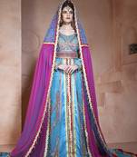 Firozi and dark pink designer handmade arabic moroccan muslim long sleeve wedding caftan with vail