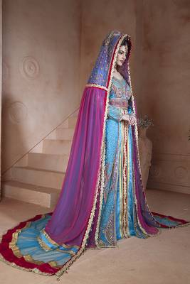 Firozi and dark pink designer handmade arabic moroccan muslim long sleeve wedding caftan with vail 2