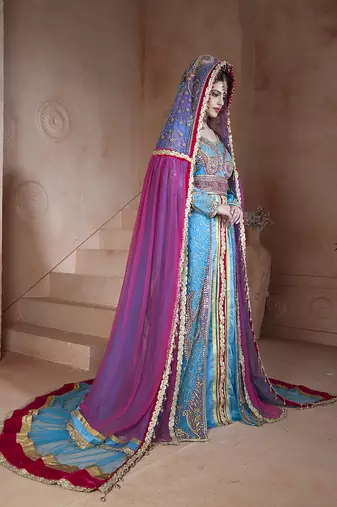 Firozi and dark pink designer handmade arabic moroccan muslim long sleeve wedding caftan with vail