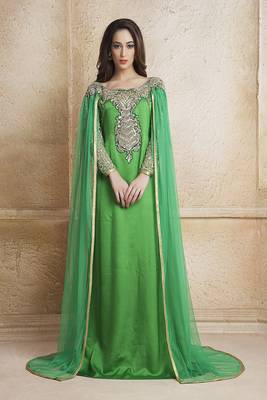 Green designer handmade arabic moroccan muslim long sleeve wedding caftan with vail 1
