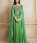 Green designer handmade arabic moroccan muslim long sleeve wedding caftan with vail