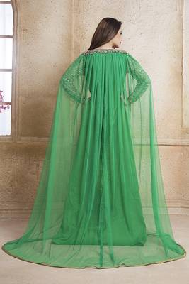 Green designer handmade arabic moroccan muslim long sleeve wedding caftan with vail 3