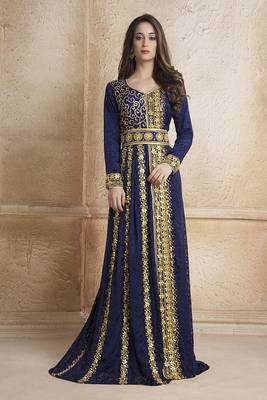Gleaming blue party wear full sleeve black beading around the neck long sleeve kaftan 1