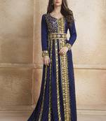 Gleaming blue party wear full sleeve black beading around the neck long sleeve kaftan