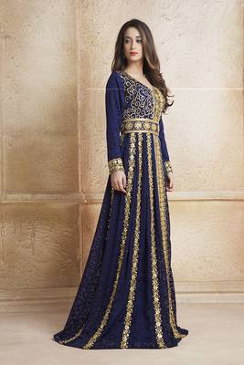 Gleaming blue party wear full sleeve black beading around the neck long sleeve kaftan 2
