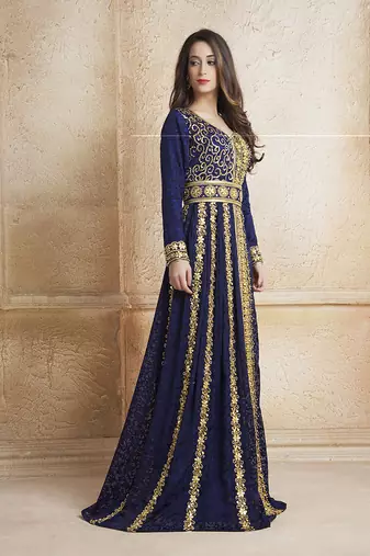 Gleaming blue party wear full sleeve black beading around the neck long sleeve kaftan