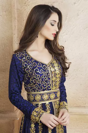 Gleaming blue party wear full sleeve black beading around the neck long sleeve kaftan