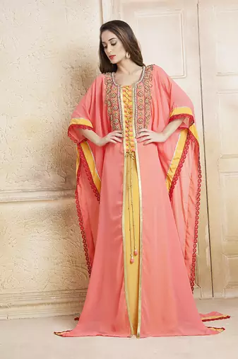 Yellow and pink  handmade kaftan with free size kaftan