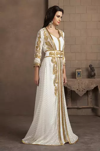 Gleaming off white party wear handmade moroccan style kaftan