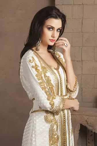 Gleaming off white party wear handmade moroccan style kaftan