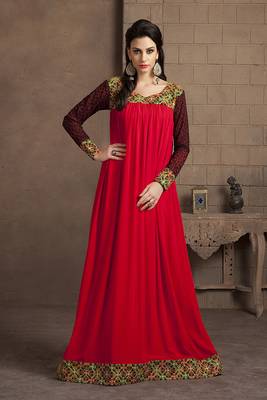 Red long sleeve modern embroidery maxi dress 1