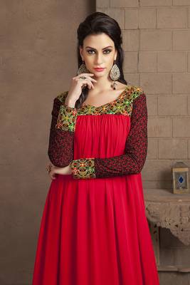 Red long sleeve modern embroidery maxi dress 2
