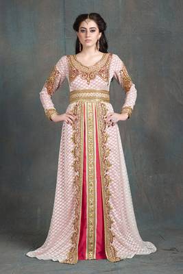 Off white and pink moroccan party wear golden handwork kaftan 1