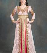 Off white and pink moroccan party wear golden handwork kaftan