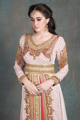 Off white and pink moroccan party wear golden handwork kaftan 2