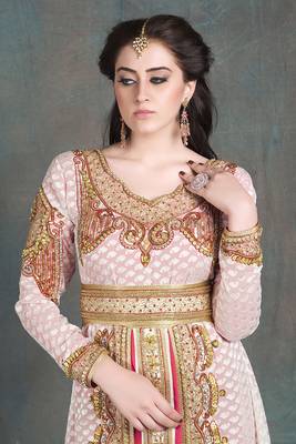 Off white and pink moroccan party wear golden handwork kaftan 3