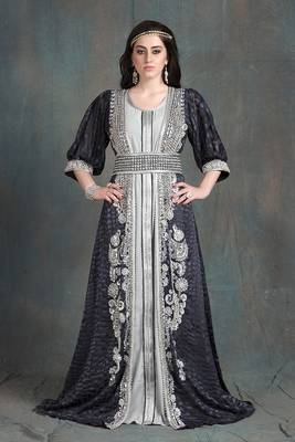 Gray designer brasso fabric hand beaded moroccan party wedding kaftan 1