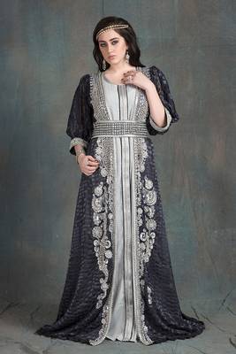 Gray designer brasso fabric hand beaded moroccan party wedding kaftan 2