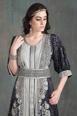 Gray designer brasso fabric hand beaded moroccan party wedding kaftan 3